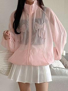 Women's Zipper Bow Design Long Sleeve Mesh Elegant Soft Jacket Pink Casual  Long Sleeve Organza Plain Other Non-Stretch  Women Clothing, size features are:Bust: ,Length: ,Sleeve Length: Pink Harajuku, Pink Flowy Top, Damsel In This Dress, Korean Fits, Shein Jackets, Girly Fits, Swedish Fashion, Ruffle Jacket, Future Clothes