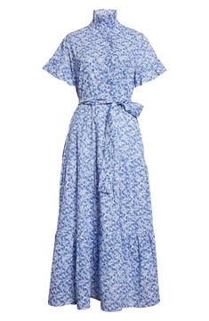 This elegant short-sleeve dress is defined by elegant details like its fluttery ruffle sleeves and flattering tie around the waist. 54" length (size Medium) Unlined, except Emerald Bouquet is partially lined 100% cotton Dry clean or hand wash, line dry Imported Cotton Midi Dress With Ruffle Sleeves, Summer Daywear Midi Dress With Flutter Sleeve, Feminine Cotton Flutter Sleeve Dress, Feminine Flutter Sleeve Cotton Dress, Fitted Cotton Midi Dress With Flutter Sleeves, Spring Cotton Ruffle Dress With Flutter Sleeves, Spring Belted Short Sleeve Dress, Elegant Cotton Ruffle Dress For Spring, Fitted Flutter Sleeve Short Dress For Spring