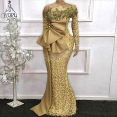 ad eBay - Find many great new & used options and get the best deals for Gold Evening Dresses Long Sleeves Lace Ruffled Nigeria Arabic Formal Dress at the best online prices at eBay! Free shipping for many products! Asoebi Bridesmaids, Bridesmaids Styles, Gaun Tulle, African Evening Dresses, Nigerian Lace Dress, Nigerian Dress, African Party Dresses, African Lace Styles, Mia Mia