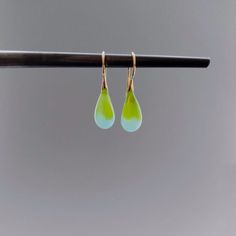 Hand made Glass Teardrop 23K Gold Vermeil Earrings Apple Green Everyday Single Drop Earring, Everyday Drop Shape Single Earring, Modern Handmade Teardrop Jewelry, Handmade Briolette Yellow Gold Earrings, Nickel-free Yellow Gold Teardrop Earrings, Handmade Yellow Gold Drop Jewelry, Handmade Yellow Gold Briolette Earrings, Handmade 14k Gold Earrings For Everyday, Handmade Everyday Drop Jewelry