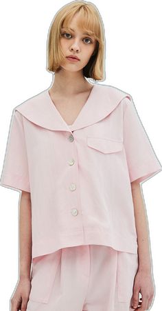 Pink Short Sleeve Top With Striped Collar, Sailor Collar Tops For Spring Workwear, Pink Preppy Tops For Workwear, Pink Short Sleeve Tops With Placket, Summer Pink Blouse With Pockets, Preppy Pink Collared Top, Pink Collared Top With Striped Collar, Pink Blouse With Placket For Spring, Cotton Sailor Collar Top For Work