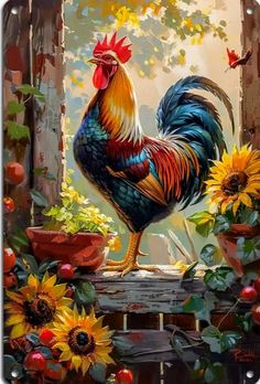 a rooster standing on top of a window sill next to flowers and sunflowers