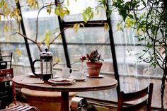 a table with two chairs and a potted plant in the middle next to it