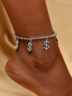 DETAILS Rhinestone Dollar sign Alloy Dollar Sign, Rhinestone Chain, Delicate Bracelet, Anklets, Diamond Bracelet, Signs, Chain, Silver