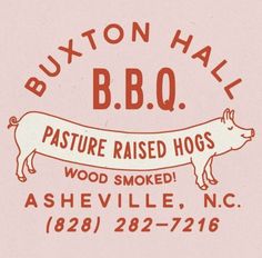 the logo for burton hall bbq, featuring a pig and banner that reads pasture raised hogs wood smoked ashville, n c