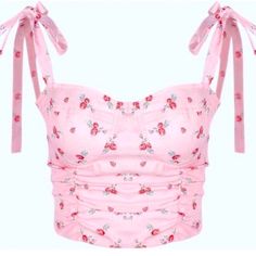 Pink Floral Summer Cropped Top. Ruched Bustier Type With Bow Straps And Zipper Closure In Back.Polyester Material. Size Large. New With Tags! Summer Cropped Top, Bow Straps, Top With Bow, Summer Crop Tops, Pink Floral Print, Floral Crop Tops, Cropped Top, Fall Fashion, Pink Floral