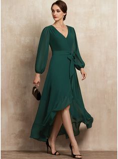 [US$ 129] A-line V-Neck Asymmetrical Chiffon Mother of the Bride Dress With Bow Ruffle  - JJ's House Cascading Dress, Mother Of Bride Outfits, Chiffon Cocktail Dress, Milly Dress, Mother Of Groom Dresses, Cascading Ruffles, Dresses Chiffon, Mob Dresses, Mothers Dresses