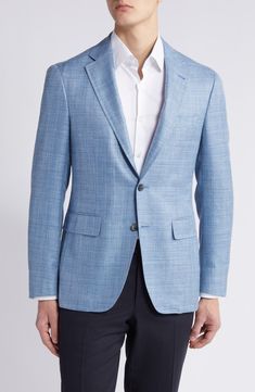 Woven in a mélange of pale blues, this sport coat crafted from wool, silk and linen features traditional detailing and smartly elevates any semiformal look. 30" length (size 54EU) Notched lapels Nonfunctional four-button cuffs Cuff buttons may not be attached. Jackets purchased at full price can have the sleeve length customized for free at your local Nordstrom Chest welt pocket; front flap pockets Lined 68% wool, 20% silk, 12% linen Dry clean Made in Italy Mens Blue Sport Coat Outfit, Blue Linen Notch Lapel Outerwear, Blue Linen Outerwear With Notch Lapel, Luxury Wool Sport Coat For Spring, Luxury Spring Wool Sport Coat, Timeless Spring Tweed Jacket For Tailoring, Spring Wool Suits With Welt Pockets, Blue Linen Business Blazer, Blue Linen Blazer For Business