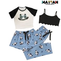 Featuring a cute panda face with glasses, this fou pieces set adds a touch of fun to your sleepwear collection. - This set include 4 pieces, 2 tops, 1 pants and 1 short.  - Made with soft and breathable fabric, this pajama set is perfect for a good night's sleep or lounging around the house. -The short sleeve tee t-shirt, 1/2 tank top, pants and shorts design makes it easy to move around in and perfect for warmer weather. -Available in standard size, this pajama set is designed to fit and flatter your curves. -Composition: 95% Polyester,5% Elastane Casual Cartoon Print Sleep Sets, Casual Cartoon Print Sleepwear Sets, Casual Sleepwear Sets With Cartoon Print, Black Cartoon Print Sleepwear For Pajama Party, Black Cartoon Print Sleepwear For Sleepover, Black Cartoon Print Sleepwear, Casual Black Sleepwear With Cartoon Print, Cute Black Cotton Sleepwear, Casual Black Bedtime Set