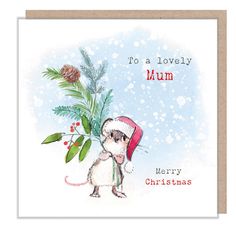 a christmas card with a mouse holding a plant