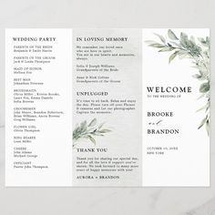 a wedding program with greenery on it