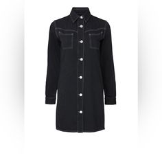 Black Denim (100% Denim). Shift. Long Sleeves. Shirt Collar Neckline. Exposed Front Button Down Closure. Pockets. 33" From Shoulder To Hemline. Imported. Size 34 = Us 2 = Xs/S Never Worn! Classic Denim Dress For Work With Button Closure, Chic Black Denim Dress For Work, Black Denim Dress For Workwear In Spring, Black Denim Dress For Spring Workwear, Black Denim Dress With Button Closure, Western Denim Dress, Ganni Dress, Rayon Pants, Pajama Shirt