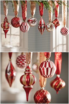 red and gold ornaments hanging from the ceiling