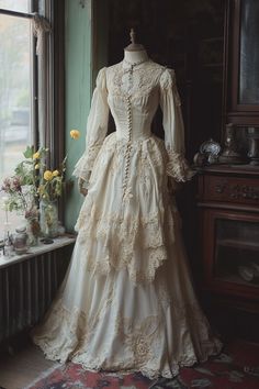 a dress on display in front of a window