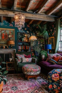 a living room filled with lots of colorful furniture