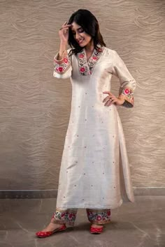 Shop for Niti Bothra White Raw Silk Embroidered Kurta Palazzo Set for Women Online at Aza Fashions Suit Indian, Silk Kurti Designs, Kurta Palazzo Set, Stylish Kurtis Design, Kurti Sets, Simple Kurta Designs, Designer Kurti Patterns, Simple Kurti Designs, Dhoti Pants