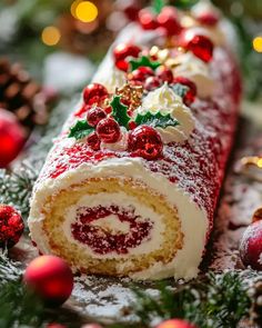 a roll covered in frosting and christmas decorations