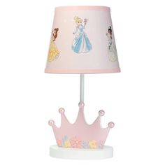 a pink lamp with princesses on it and a light shade that is attached to the base