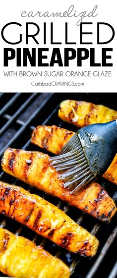 grilled pineapples and carrots being cooked on the grill with a spatula