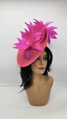 "This stunning  piece is sure to turn heads with any outfit. Hot Pink Fascinator on a 2\" headband for a secured. This will be a great way to add elegance to any,  bridesmaid,  rehearsal dinner,  Wedding guest,  cocktail party, or church outfit. - Ready to ship  - Lightweight - Fast shipping - Customize by adding different color flowers and or feathers Check my store for for styles and colors.  etsy.com/shop/hatsandpearls Find more at my website: Www.hatsandpearls.com  reach out to me if you can't find what you are looking for.  I can make cake custom orders and help you style and match your outfit  Matching Mask link https://www.etsy.com/HatsandPearls/listing/857551443/fuschia-hot-pink-mask?utm_source=Copy&utm_medium=ListingManager&utm_campaign=Share&utm_term=so.lmsm&share_time=1597880597 Pink Carnival Costume Hats, Pink Brimmed Costume Hats For Party, Pink Party Hat For Carnival, Pink Hat For Kentucky Derby Event, Pink Curved Brim Fascinator For Special Event, Pink Curved Brim Fascinator For Event, Pink Curved Brim Fascinator For Events, Elegant Pink Fascinator For Carnival, Pink Fascinator For Carnival Races