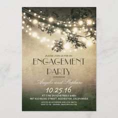 an engagement party with string lights on the tree