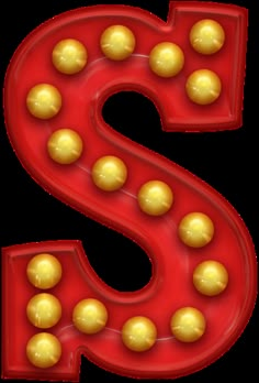 the letter s is made up of gold balls and red plastic with yellow dots on it