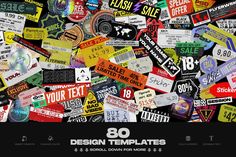 a bunch of different types of stickers on a black background with the words 80 design templates