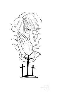 a black and white drawing of a hand holding a cross with the sky in the background