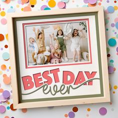 the best day ever photo frame is surrounded by confetti and polka dot paper