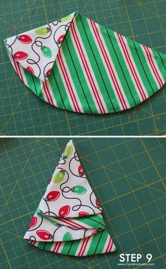 two pictures showing how to make an origami christmas tree with green and red stripes