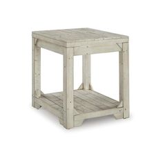 a white wooden side table with one shelf