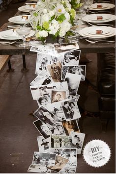 a table with pictures and flowers on it