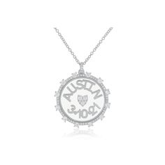 The Floating Name & Date Necklace keeps your loved ones close to your heart. This pendant features a transparent white sapphire topped with your choice of letters or numbers. Complete with a border of small and large round diamonds and a pavé bail, this medallion is sure to be a special keepsake for years to come. White Diamond Personalized Jewelry, Anniversary Cubic Zirconia Nameplate Jewelry, Luxury Clear Jewelry For Anniversary, Personalized White Diamond Jewelry Gift, Personalized White Round Necklace, Anniversary Jewelry With Initials In Diamond White, Personalized White Gold Name Necklace With Round Pendant, Diamond White Jewelry With Initials For Anniversary, Personalized Round White Gold Locket Necklace