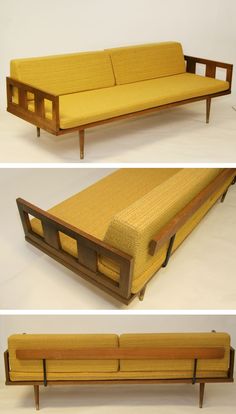 three different views of a yellow couch