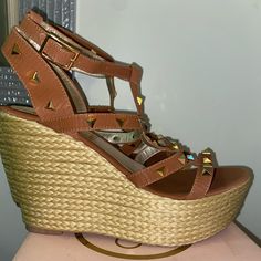 Tan 4” Wedge Heels. Comes In The Original Box. Never Worn. Brown Wedge Sandals For Party, Brown Wedge Heel Sandals For Party, Trendy Brown High Heel Wedge Sandals, Casual Brown Wedge Sandals For Party, Trendy Brown Wedge Sandals, Tan Wedges, Wedge Heel Sandals, Tan Brown, Wedge Heels