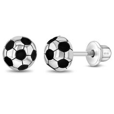 Fun and bold soccer ball screw back earrings that make for a beautiful gift for young athletic girls. The cutest earrings for an active and sporty young girl. Polished earrings created from 925 sterling silver, these earrings are hypoallergenic and safe for sensitive skin. These fun earrings include safety screw backs, that allow the earrings to remain safely in place while she practices for her games. Gift Box included with purchase. Cutest Earrings, Teen Necklaces, Teen Earrings, Teen Jewelry, Athletic Girls, Baby Earrings, Kids Rings, Baby Jewelry, Women's Jewelry Sets