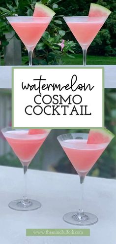 three glasses filled with watermelon cosmo cocktail on top of a white table