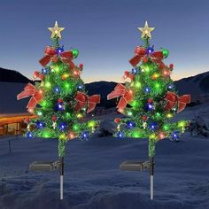 two christmas trees decorated with lights in the snow