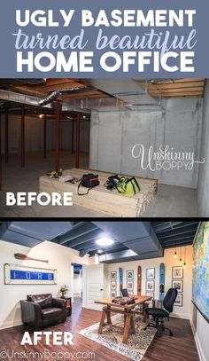 before and after photos of a basement turned into a home office with wood flooring