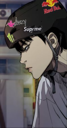 an anime character wearing a red bull cap with the word supreme on it's side