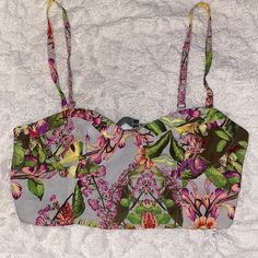 Cute Tropical Bralette Crop Top Perfect Summer Top With High Waisted Shorts. Xs/S New Without Tags, Never Worn. Zips On The Side, Adjustable Straps Summer Multicolor Crop Top With Built-in Bra, Summer Multicolor Bra-friendly Tops, Multicolor Bra-friendly Tops For Summer, Multicolor Floral Print Crop Top, Fitted Triangle Top With Floral Print, Fitted Floral Print Triangle Top, Summer Cami Crop Top With Floral Print, Summer Crop Top With Tropical Print For Spring, Green Floral Print Crop Top