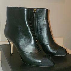 Chanel Lambskin Grosgrain Cap Toe Booties. Comes With Dustbag And Box. New Only Tried On. Heel Height 3.5 Inches. Luxury Cap Toe Boots For Galas, Luxury Formal Heeled Boots With Round Toe, Elegant Cap Toe Office Boots, Luxury Cap Toe Boots For Work, Luxury Cap Toe Boots For Workwear, Designer Leather Heeled Boots For Evening, Luxury Leather Heeled Boots For Formal Occasions, Luxury Formal Boots With Heel Tab, Elegant Business Boots With Heel Tab