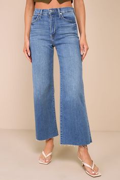 Medium Wash Jeans - Wide-Leg Jeans - High-Rise Denim Jeans - Lulus Dark Wash Mid-rise Cotton Flare Jeans, Mid-rise Dark Wash Cotton Flare Jeans, Mid-rise Blue Flare Jeans For Everyday, Wide Leg Medium Wash Cropped Jeans, Trendy Medium Wash Cropped Jeans For Work, Cotton Wide Leg Cropped Jeans In Medium Wash, Washed Blue Cotton Flare Jeans, Denim Blue Flare Jeans For Everyday Spring Wear, Trendy Blue Cropped Flare Jeans