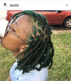 green locs - love Black And Blonde Skunk Stripe Locs, Emerald Green Locs Black Women, Dark Green Locs Black Women, Green And Blonde Locs, Locs With Dyed Tips, Green And Black Locs, Green Locs Black Women, Dark Green Locs, Green Locs