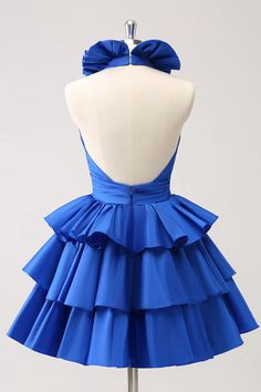 Royal Blue A-Line Halter Tiered Short Homecoming Dress with Ruffles Royal Blue Homecoming Dress, Backless Homecoming Dresses, Lovely Partner, Cute Homecoming Dresses, Blue Homecoming Dresses, Short Party Dress, Satin Short, Dress Occasion, Dress With Ruffles