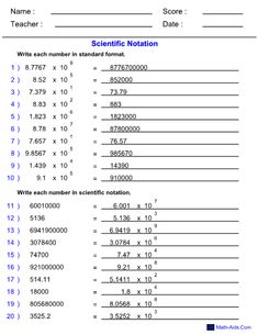 the scientific notation worksheet for students to practice numbers and their calculations in order to learn