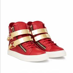 Brand New In Box. Giuseppe Zanotti High Top Women’s Sneakers. Red And Gold Detailing. Comes With Original Box And Dust Bag. Size 6. Luxury Red Sneakers With Round Toe, Luxury Red High-top Sneakers, Designer Red Lace-up High-top Sneakers, Designer Red High-top Sneakers With Round Toe, Designer Red High-top Sneakers With Red Sole, Luxury Red High-top Custom Sneakers, Luxury High-top Sneakers With Red Sole, Luxury Custom Sneakers With Red Sole, Red Leather Boots