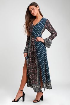 Clover Dark Blue Print Long Sleeve Maxi Dress Long Sleeve Floral Maxi Dress, Lulus Maxi Dress, Burgundy Maxi Dress, Cute Floral Dresses, Blue Print Dress, Lulus Dresses, Pleated Mini Dress, Flowy Maxi Dress, Maxi Styles