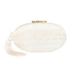 Ellipse clutch in off white buntal, taupe agate stone closure, tonal tassel and drop in gold chain. Evening Clutch Bag, Drop In, Agate Stone, Gold Chain, Evening Bags, Gold Chains, Tassels, Agate, Off White