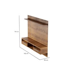 a wooden shelf with two drawers and measurements for the top drawer, side by side